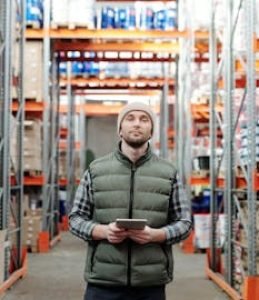 pexels-photo-4484077-4484077 Warehouse worker stands in aisle using a tablet to manage inventory.
